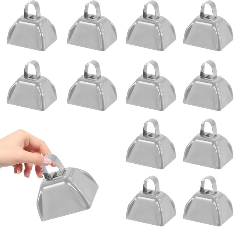 HEYLEAYAR 3Inch Cowbells for Sporting Events,12Pcs Metal Cow Bells Bulk Loud Noise Makers Cow Bell with Handle for Cheering Football Games Spirit Marathon Weddings Party Noisemakers, Silver - Image 1